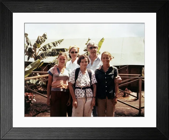 Framed Print : Congressman Leo Ryan with Phyllis, Judy (unidentified in front of bottom row), and Patty Houston in Jonestown on November 18, 1978. FBI photo
