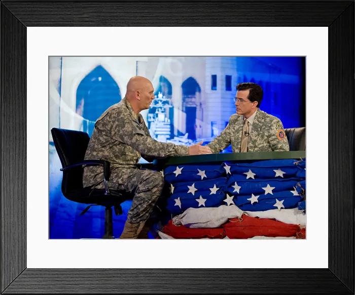 Framed Print : Stephen Colbert interviews Marine General Ray Odierno Commander of the Multi-National Force-Iraq during an episode of The Colbert Report from Iraq. Jun 8 2009