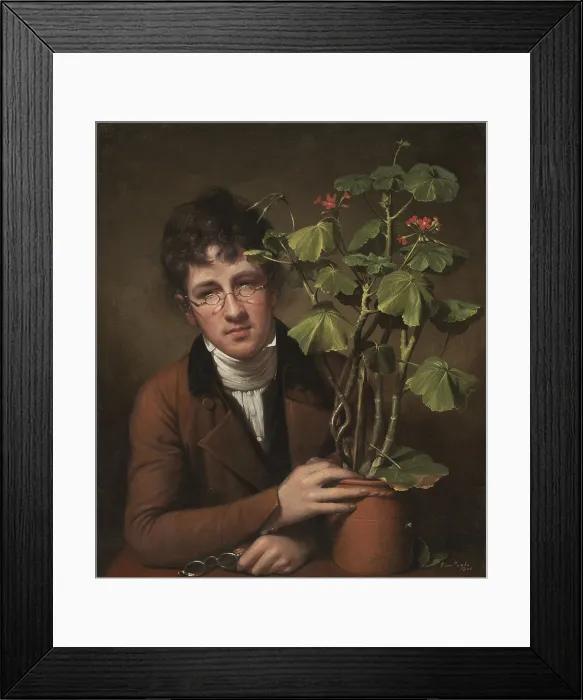 Framed Print : Rubens Peale with a Geranium, by Rembrandt Peale, 1801, American painting, oil on canvas. 23 year old artist Rembrandt Peale painted his botanist brother, 17 year old Rubens