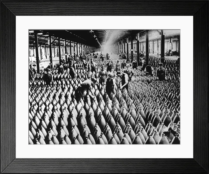 Framed Print : English women and men working in storage shed for large shells of a munitions factory