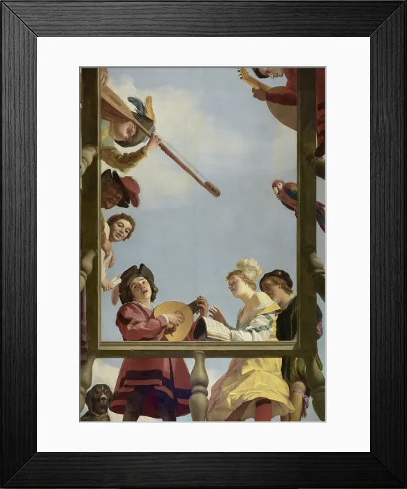 Framed Print : Musical Group on a Balcony, by Gerrit van Honthorst, 1622, Dutch painting, oil on canvas. Festive singers look down from around a balcony while playing musical instruments Framed Print : Musical Group on a Balcony, by Gerrit van Honthorst, 1622, Dutch painting, oil on canvas. Festive singers look down from around a balcony while playing musical instruments