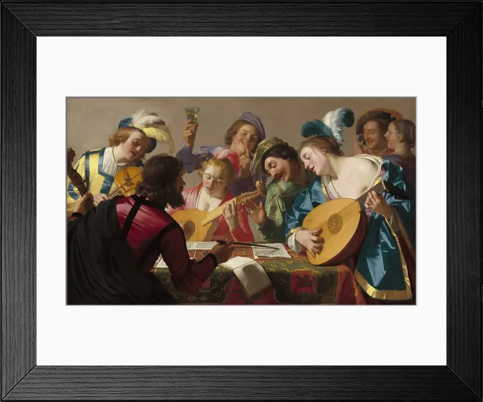 Framed Print : The Concert, by Gerrit van Honthorst, 1623, Dutch painting, oil on canvas. The influence of Caravaggio is strong in this genre scene of musicians and singers Framed Print : The Concert, by Gerrit van Honthorst, 1623, Dutch painting, oil on canvas. The influence of Caravaggio is strong in this genre scene of musicians and singers