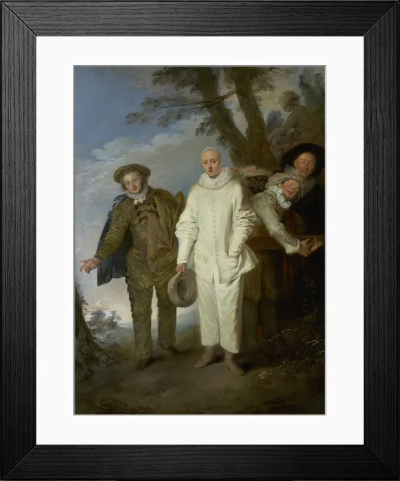 Framed Print : The Italian Comedians, by Jean-Antoine Watteau, 1720, French painting, oil on canvas. Italian Comedians look expectantly at their audience after their performance in a park