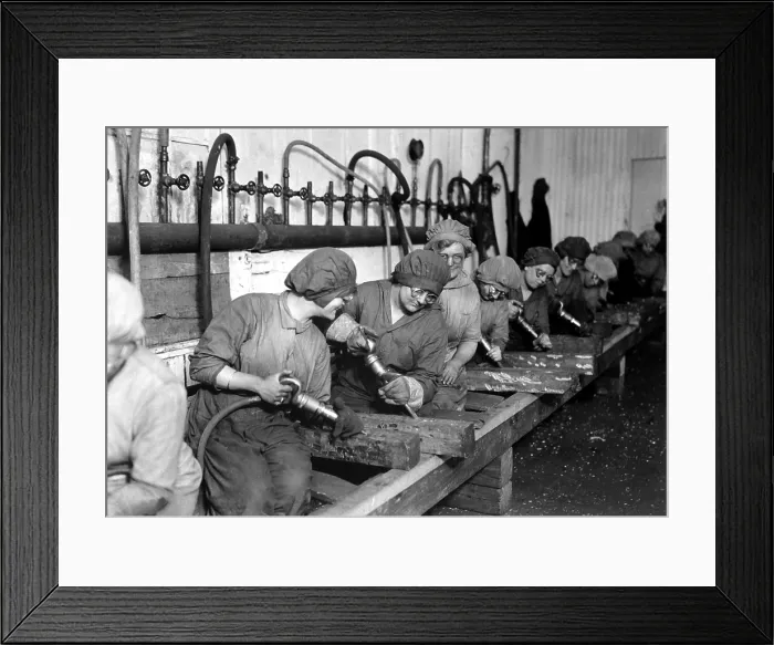Framed Print : American women workers, hand chipping with pneumatic hammers. Midvale Steel and Ordnance Co. Nicetown, Pa. World War I. 1918