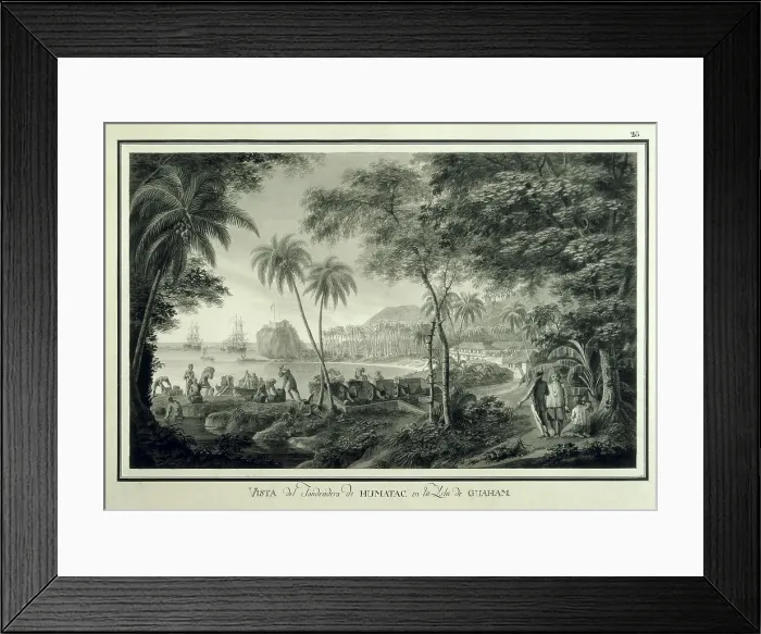 Framed Print : Asia. Pacific Island. Expedition of Malaspina (1789-1794). Anchorage of Umatac in Guam Island. Feather drawing by Fernando Brambila. Drawing. SPAIN. Madrid. America's Museum