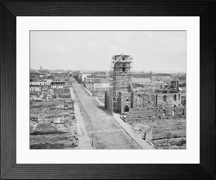 Framed Print : The Civil War. Charleston, S.C. View from roof of the Mills House, looking up Meeting Street; ruins of the Circular Church in center. April 1865