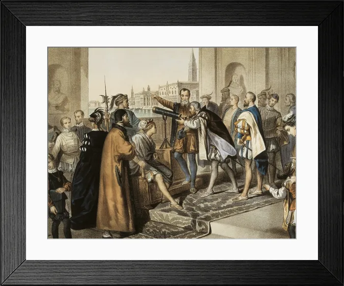 Framed Print : GALILEO, Galileo Galilei, called (1564-1642). Italian mathematician, physicist and astronomer. Galileo shows his telescope. Work by L. Turgis. Litography Framed Print : GALILEO, Galileo Galilei, called (1564-1642). Italian mathematician, physicist and astronomer. Galileo shows his telescope. Work by L. Turgis. Litography