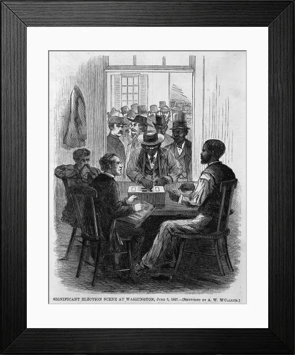 Framed Print : Significant election scene at Washington. Black and white men observe while other blacks and whites prepare to place ballots into box. June 3, 1867 Framed Print : Significant election scene at Washington. Black and white men observe while other blacks and whites prepare to place ballots into box. June 3, 1867