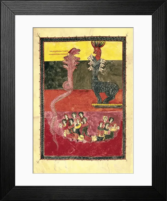 Framed Print : Beatus of Girona. 976. The Beast and the Dragon are worshiped. Codex from the monastery of San Salvador de Tabara to the Commentary on the Apocalypse of St