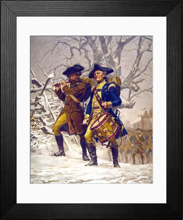 Framed Print : Continental Army color guard, playing fife and drum, marching in winter during the American Revolution, 1776-1783