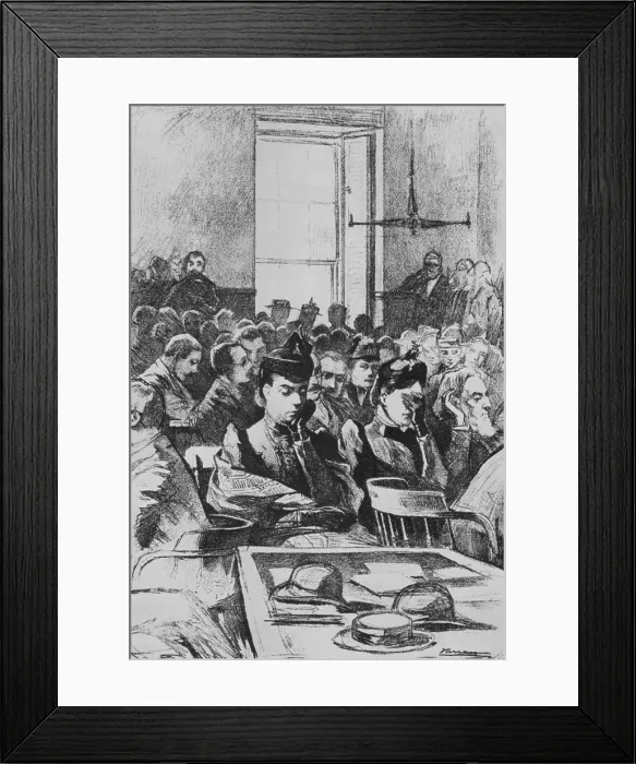 Framed Print : Lizzie and her sister Emma (with hand covering her face) in the courtroom during Lizzie's on trial for the ax murders of her step-mother and father in 1893 Framed Print : Lizzie and her sister Emma (with hand covering her face) in the courtroom during Lizzie's on trial for the ax murders of her step-mother and father in 1893