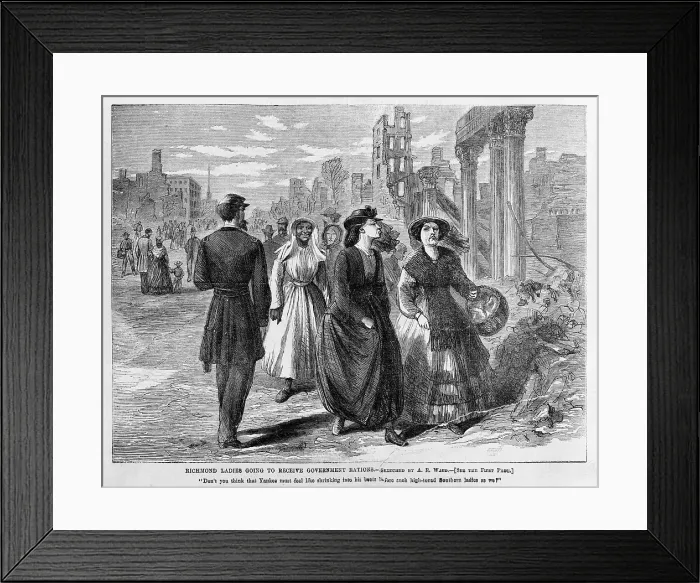 Framed Print : The Civil War. Southern ladies walk by Union soldier and ruins of Richmond going to receive government rations