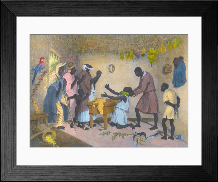 Framed Print : Afro-Caribbeans engaging in a divination ritual to identify a thief. A man wraps leaves around neck of a kneeling man while another man waits, as others watch Framed Print : Afro-Caribbeans engaging in a divination ritual to identify a thief. A man wraps leaves around neck of a kneeling man while another man waits, as others watch