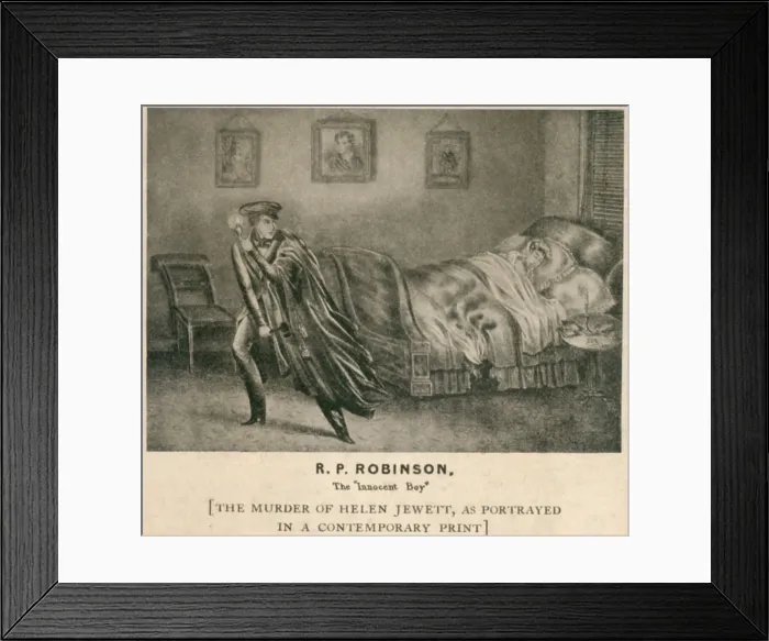 Framed Print : The murder of Helen Jewett in 1836 allegedly by Richard P. Robinson, leaving the brothel scene with a hatchet in hand, before he set it on fire