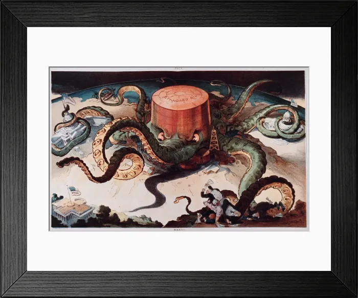 Framed Print : Political cartoon entitled Next, showing a Standard Oil tank as an octopus with many tentacles wrapped around the steel, copper, and shipping industries