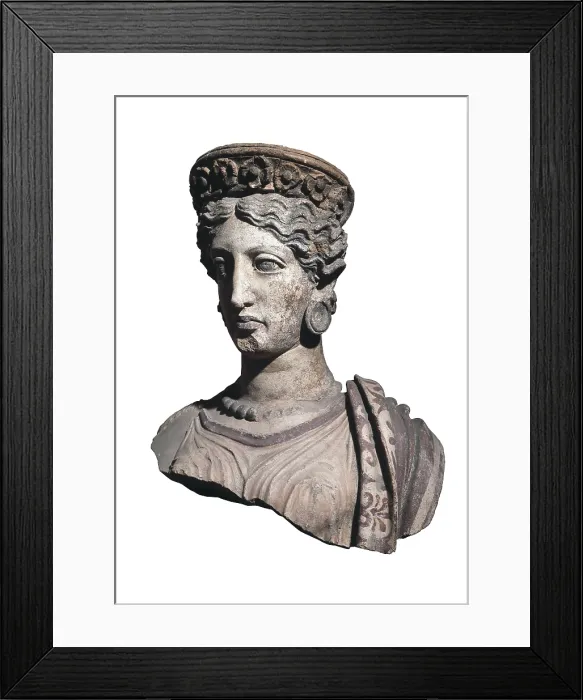 Framed Print : Bust of a Woman. 4th c. BC. Polychromatic terracotta. Classical Greek art. Terra-cotta. ITALY. Syracuse. Museo Archeologico Paolo Orsi (Paolo Orsi Regional Archaeological Museum)
