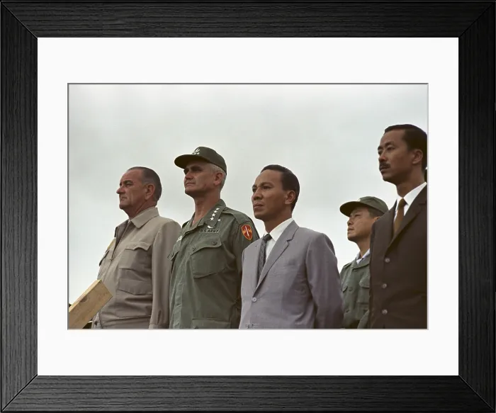 Framed Print : President Johnson in South Vietnam. At Cam Ranh Bay Airbase, are President Lyndon Johnson, Gen. William Westmoreland, Lt. Gen. Nguyen Van Thieu, and Prime Minister Nguyen Cao Ky Framed Print : President Johnson in South Vietnam. At Cam Ranh Bay Airbase, are President Lyndon Johnson, Gen. William Westmoreland, Lt. Gen. Nguyen Van Thieu, and Prime Minister Nguyen Cao Ky