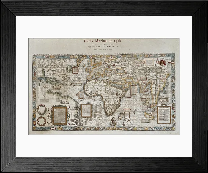 Framed Print : Carta marina (map of the sea). 1516. Facsimile. Sea map described by Carlos Sainz in his work 'The name of America'. Engraving. SPAIN. Madrid. America's Museum