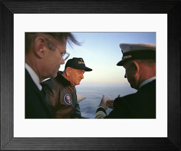 Framed Print : President Lyndon Johnson's tours of the USS Enterprise. Secretary of Defense and LBJ during a Veteran's Day visit to the aircraft carrier, USS Enterprise Framed Print : President Lyndon Johnson's tours of the USS Enterprise. Secretary of Defense and LBJ during a Veteran's Day visit to the aircraft carrier, USS Enterprise