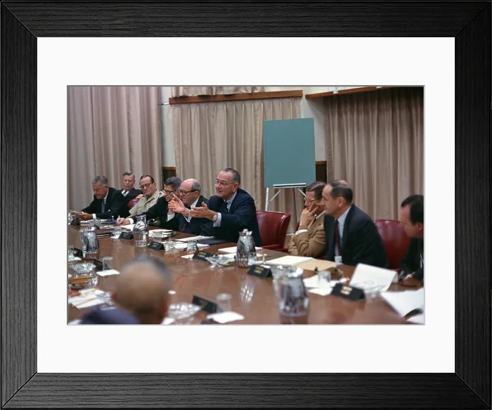 Framed Print : President Johnson meeting with the US delegation before the Honolulu Conference on the Vietnam War. (L-R): U. Alexis Johnson (leaning back), Henry Cabot Lodge, Gen