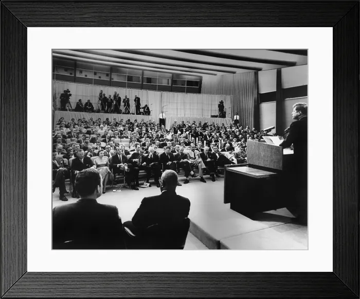 Framed Print : President John Kennedy speaks to reporters during a press conference Framed Print : President John Kennedy speaks to reporters during a press conference