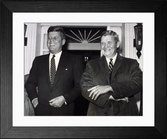 Framed Print : President-elect John F. Kennedy and North Carolina Governor-elect, Terry Sanford, meet with the press outside Kennedy's Georgetown home