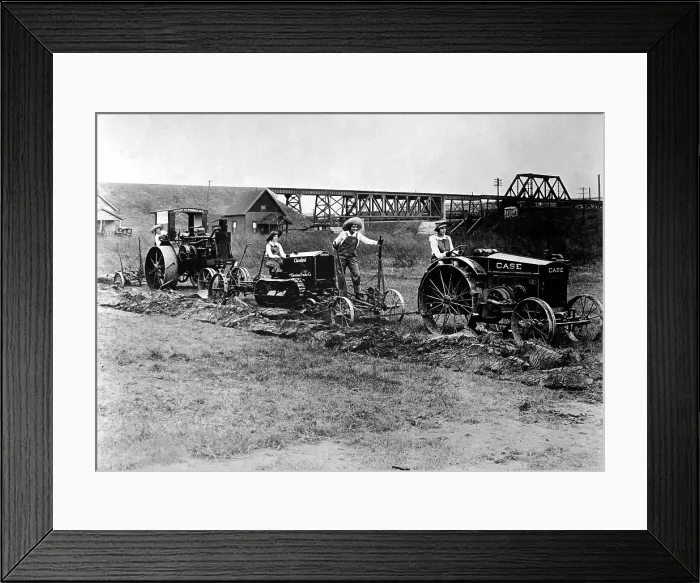 Framed Print : World War I Farmerettes driving tractors pulling plows Framed Print : World War I Farmerettes driving tractors pulling plows