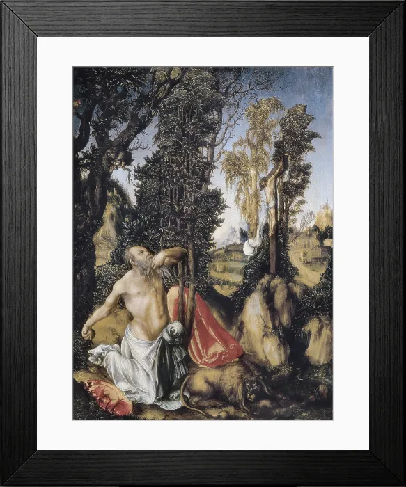 Framed Print : Cranach, Lucas, 'the Elder' (1472-1553). Saint Jerome Penitent (Der bUssende hl. Hieronymus). 1502. Renaissance art. Oil on wood. AUSTRIA. Vienna