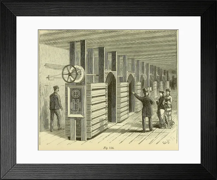 Framed Print : A gentleman points to the regulating system of the first Edison Electric Lighting Station at the Pearl Street in lower Manhattan in 1880's
