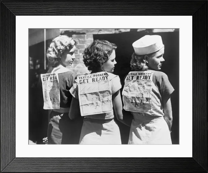 Framed Print : Textile workers displaying picket signs pinned on their backs during Labor Day demonstration in Gastonia, N.C. 1934