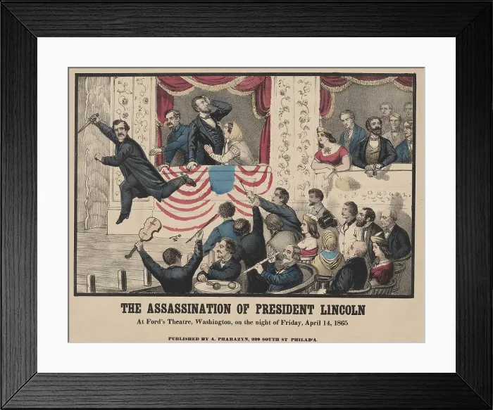 Framed Print : Lincoln assassin, John Wilkes Booth, with knife in hand, jumped from the Presidential box onto the stage of Ford's Theater. April 14th, 1865