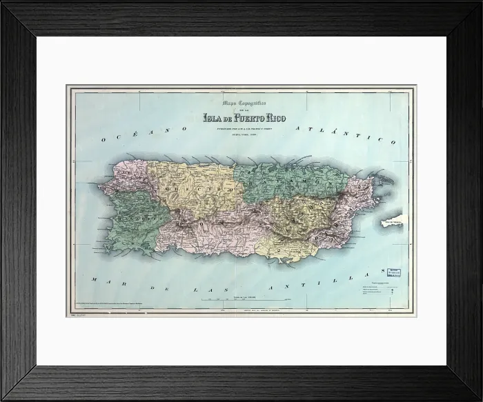Framed Print : Topographic map of the island of Puerto Rico. 1886
