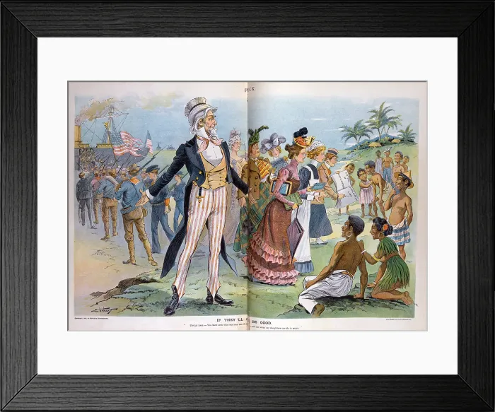 Framed Print : The Spanish American War. Illustration of Uncle Sam between departing American soldiers and American women arriving to Westernize the natives of the Philippines. 1900