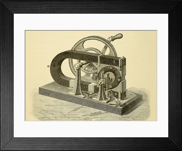 Framed Print : A hand cranked device onsisting of coiled metal wire and a magnet, demonstrates the principle elements of 19th and 20th century electrical generators, also called dynamos