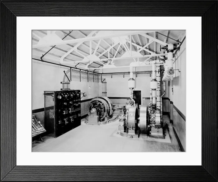 Framed Print : Self-contained electric power station consisting of an engine (right) that powers the rotation of the dynamo (center) that produced electricity Framed Print : Self-contained electric power station consisting of an engine (right) that powers the rotation of the dynamo (center) that produced electricity