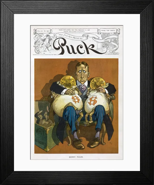 Framed Print : William Randolph Hearst, caricature with two bags of money as ventriliquist's dummies. 1906