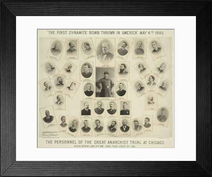 Framed Print : Poster entitled, THE FIRST DYNAMITE BOMB THROWN IN AMERICA, refers to the Haymarket Bombing, in Chicago, May 4, 1886 Framed Print : Poster entitled, THE FIRST DYNAMITE BOMB THROWN IN AMERICA, refers to the Haymarket Bombing, in Chicago, May 4, 1886