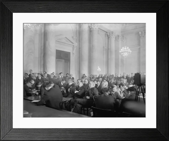 Framed Print : Harry F. Sinclair (1876-1956) (center with arms folded) appearing before the Senate Committee on Public Lands and Surveys investigation of the Teapot Dome scandal Framed Print : Harry F. Sinclair (1876-1956) (center with arms folded) appearing before the Senate Committee on Public Lands and Surveys investigation of the Teapot Dome scandal