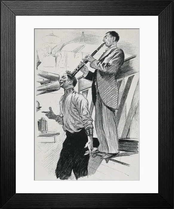 Framed Print : Singer Charlus, nickname of Louis-Napoleon Defer, with a clarinetist in his studio. Drawing by Georges Scott from 'L'Illustration', August 19th, 1899. Drawing