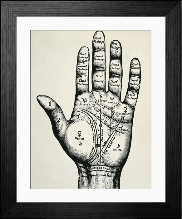 Framed Print : Palmistry. Planetary and zodiacal diagram of the left hand. Engraving. - Coleccion Gasca / Iberfoto / Everett Collection (144559)**US SALES ONLY**