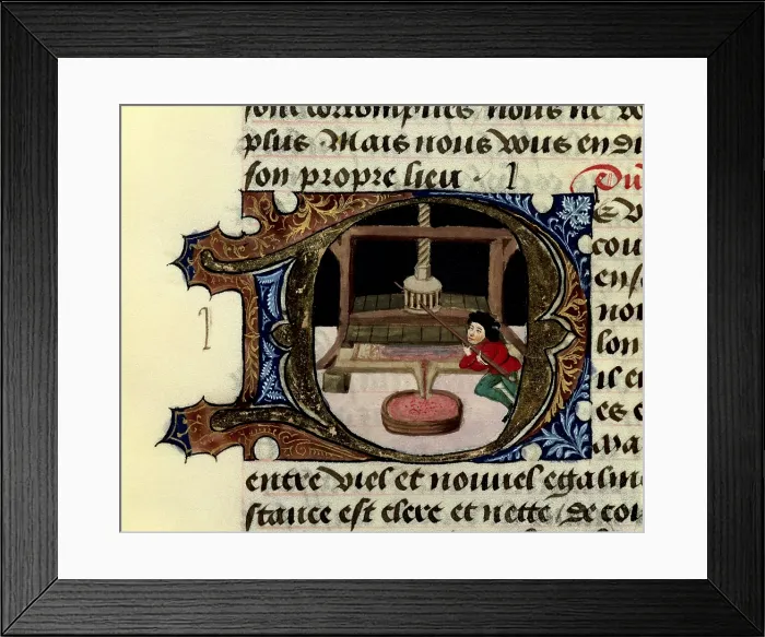 Framed Print : FIRENZE, Aldebrando da (14th century). Treatise on medicine. 1356. Fol. 10r. The curatorial virtues of wine. Removing the wort in a press. Gothic art. Miniature Painting