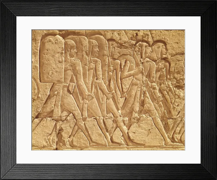 Framed Print : EGYPT. Medinat Habu. Mortuary Temple of Ramesses II. Pharaoh goes hunting with some slaves. Egyptian art. New Kingdom. Relief on rock