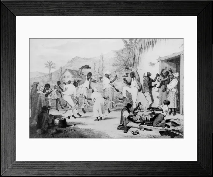 Framed Print : Afro-Caribbean slaves dancing in Trinidad, drawn by Englishman Richard Bridgens, who created many drawings of slave life in Trinidad, ca. 1833