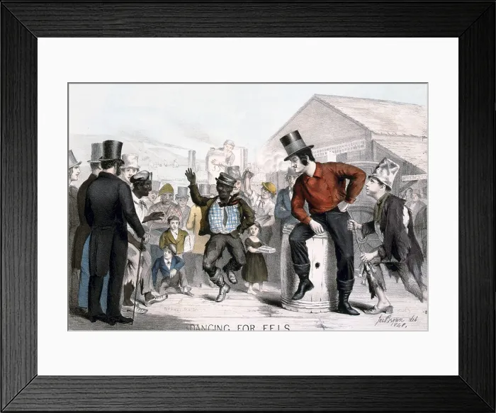 Framed Print : Dancing for eels, was a scene from an 1848 play, NEW YORK AS IT IS, whose main character is Mose, a fireman (sitting on barrel in top hat) Framed Print : Dancing for eels, was a scene from an 1848 play, NEW YORK AS IT IS, whose main character is Mose, a fireman (sitting on barrel in top hat)