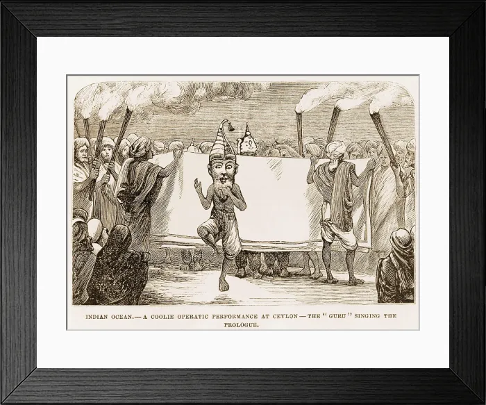 Framed Print : Open-air musical theatrical production in Sri Lanka (Ceylon). The Guru singing the prologue to early dramas, called kolam, with characters from everyday life. 1878 Framed Print : Open-air musical theatrical production in Sri Lanka (Ceylon). The Guru singing the prologue to early dramas, called kolam, with characters from everyday life. 1878