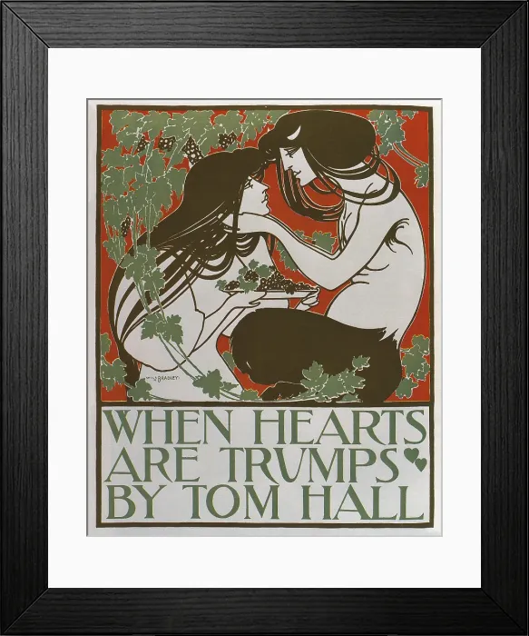 Framed Print : Advertisment of the novel 'When Hearts are Trumps by Tom Hall'. 1890 (44 x 36 cm.). Art Nouveau. Engraving. - J