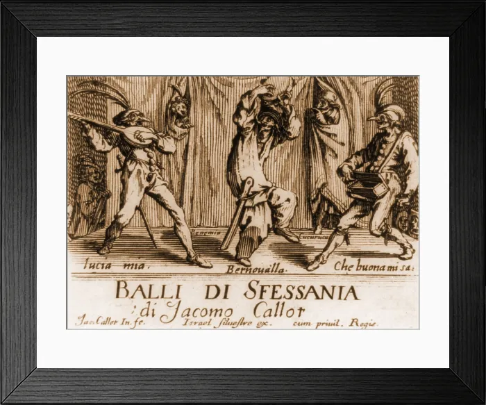 Framed Print : Characters in a comic theater performance in 17th century Neopolitan Italy. From a book of engravings, by French printmaker, Jacques Callot, 1621
