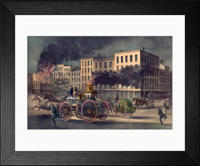 Framed Print : State of the art fire-fighting equipment in 1866 included a horse drawn fire engine accompanied by separate hose and ladder carts