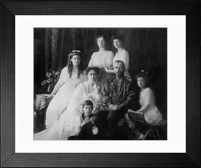 Framed Print : Russian Royal family in 1914. L-R Seated: Marie, Queen Alexandra, Czar Nicholas II, Anastasia, Alexei. Standing: Olga and Tatiana. (BSLOC_2013_5_41)