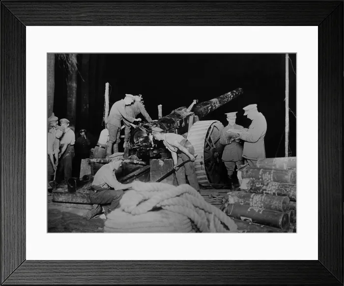 Framed Print : British soldiers getting artillery in position at night during World War 1. Artillery was often moved to new positions under the cover of darkness. Ca. 1914-18. (BSLOC_2013_5_49)